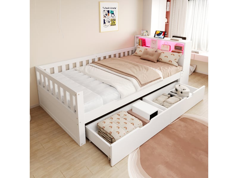  Lit avec rangement 90x200 cm coloris blanc led bois massif  - Conforama B