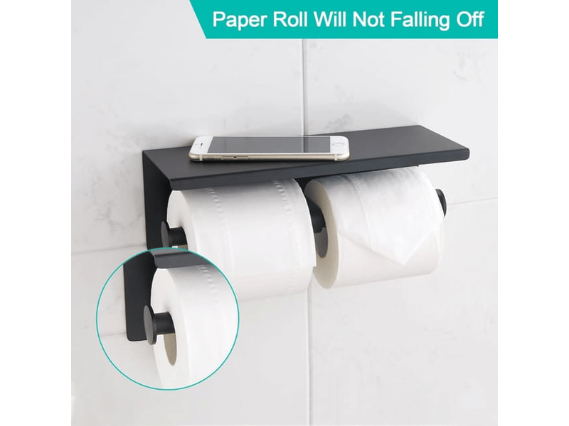  Porte-papier toilette noir mat avec étagères, support mural de salle de bain à double poteau en acier inoxydable  - Conforama C