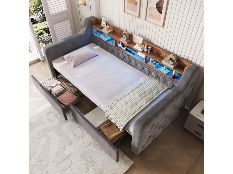  Lit simple rembourré avec rangement 90x190 cm, 2 tiroirs, tête de lit avec étagères, led 16 couleurs, usb et usb-c, velours gris foncé Radiant Stride - Conforama B