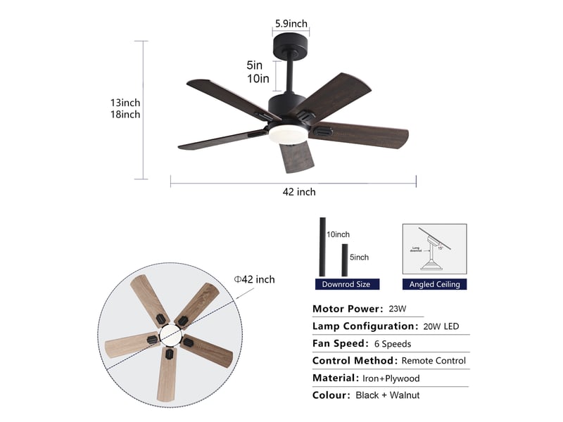  Ventilateur de plafond avec lumière 107x107x45 cm télécommande 6 vitesses réversible métal bois noir et noyer foncé  - Conforama E