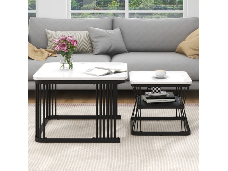  Set de 2 tables basses gigognes mdf effet marbre blanc et acier noir  - Conforama B