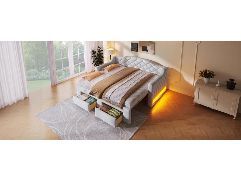 Lit banquette extensible 90 à 180 × 200 cm, 2 tiroirs et led, blanc  - Conforama B