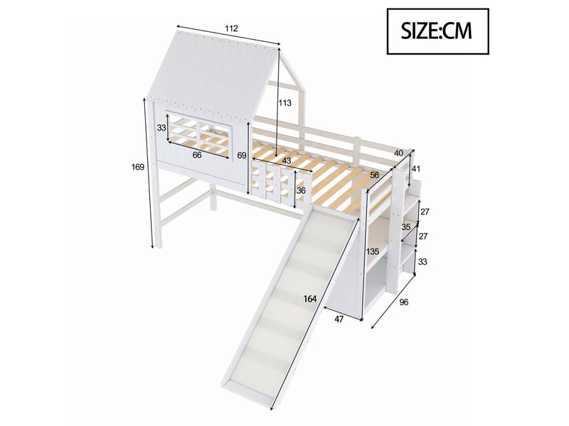  Lit mezzanine enfant 90x200 cm avec toboggan allongé, échelle et espace de rangement, bois, couleur blanc, sans matelas  - Conforama C
