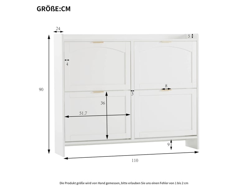  Meuble à chaussures 110x24x90 cm, meuble d'entrée, 4 portes, rangement chaussures, étagères ouvertes, aggloméré blanc  - Conforama C