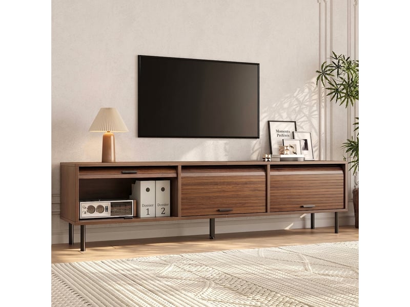  Meuble tv noyer 180 cm portes coulissantes pieds métal noir  - Conforama D