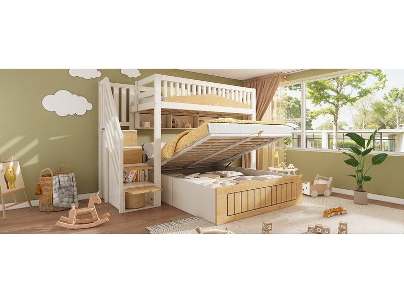  Lit mezzanine 90x200 cm et 140x200 cm avec rangement hydraulique, escalier, mdf, bois, métal, blanc et naturel sans matelas  - Conforama D
