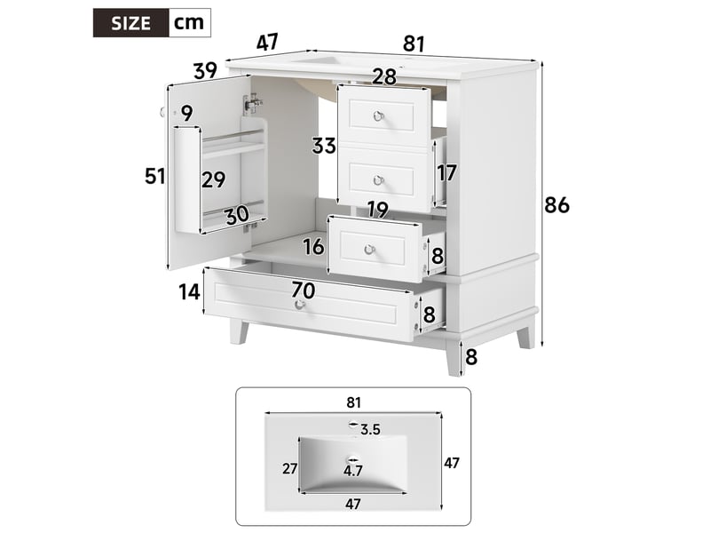 Meuble sous lavabo 81x47x86 cm blanc brillant avec vasque en céramique  - Conforama C