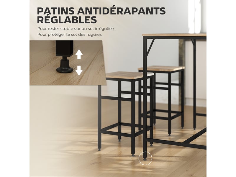  Ensemble table de bar industriel + 4 tabourets cadre en métal noir repose-pieds en bois couleur chêne clair  - Conforama R