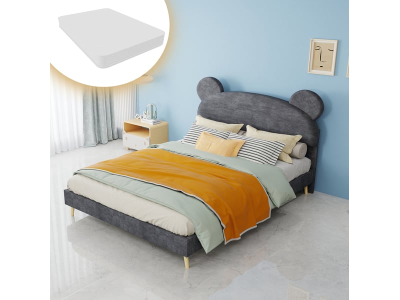 Lit enfant 140 x 200 cm gris avec tête de lit oreilles d’ours et matelas à ressorts ensachés - Conforama B