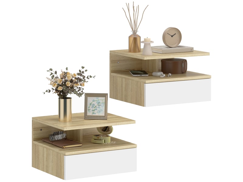  Ensemble de 2 tables de chevet suspendues avec tiroir et étagère ouverte, 35 x 32 x 22,5 cm, blanc et chêne  - Conforama A