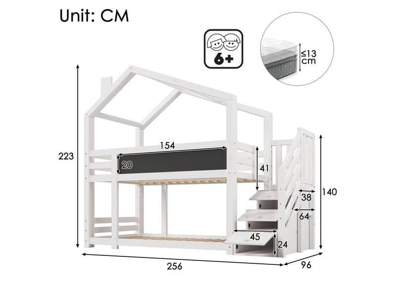  Modenvie lit superposé enfant cabane 90x200 cm - avec rangements, tableau et sommier inclus - blanc  - Conforama C