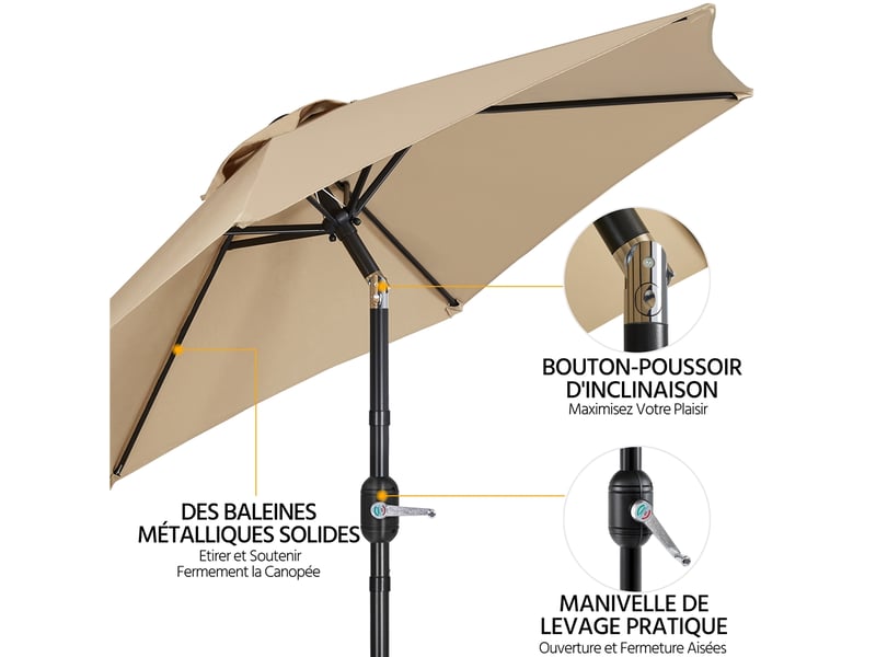 Parasol de jardin extérieur parasol inclinable à 6 baleines parasol balcon avec manivelle protection solaire de 240 cm de haut pour terrasse jardin patio plage piscine balcon brun clair - Conforama R