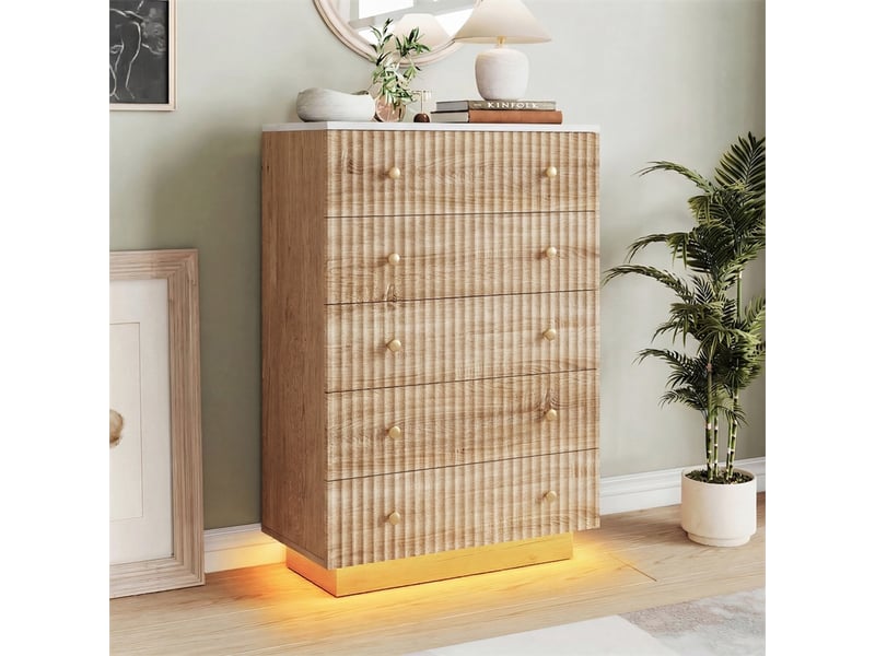 Commode 5 tiroirs 73 x 40 x 111 cm - meuble en bois avec façade rainurée, led et finition naturelle - bois naturel - Conforama B