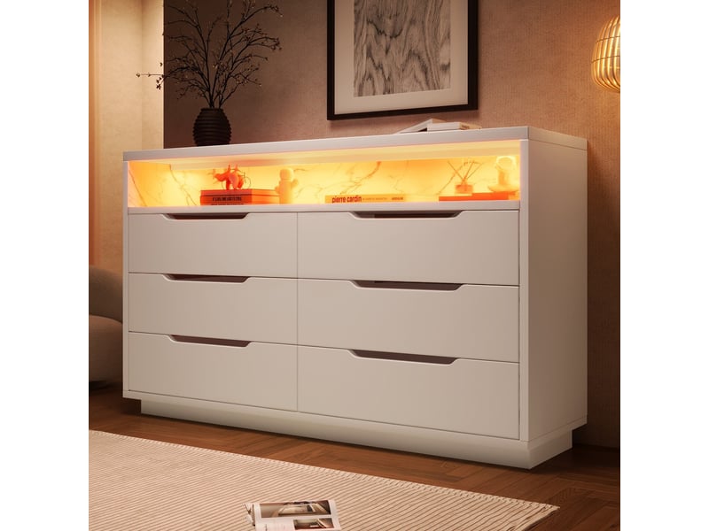  Commode à 6 tiroirs avec éclairage led, compartiment de rangement effet marbre, 120 x 40 x 85 cm, blanc  - Conforama D