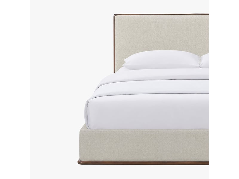  Lit double en tissu beige et bois foncé 140x190 cm  - Conforama C