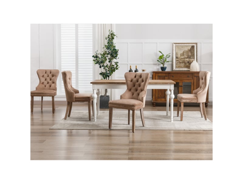 Lot de 4 chaises de salle à manger velours brun, pieds bois massif, clous décoratifs, poignée au dossier, style chic  - Conforama W