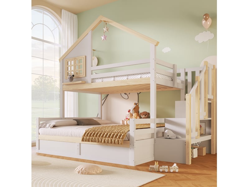  Lit superposé enfant 90x200 et 140x200 cm blanc et naturel avec rangement hydraulique  - Conforama E