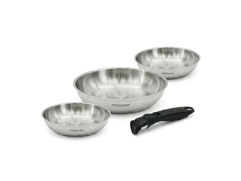  Lot de 3 poêles en inox 20 24 et 28 cm avec manche amovible fackelmann inogrip 9105150B88 - Conforama A