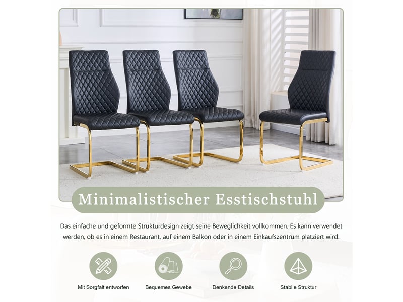  Chaises de salle à manger lot de 2 à dossier haut capitonné  - pieds antidérapants métal doré, simili cuir noir  - Conforama E