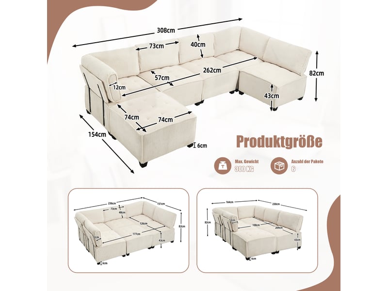  Canapé modulable 6 places beige en velours côtelé, convertible en u ou l, avec poches latérales, pour le salon  - Conforama C