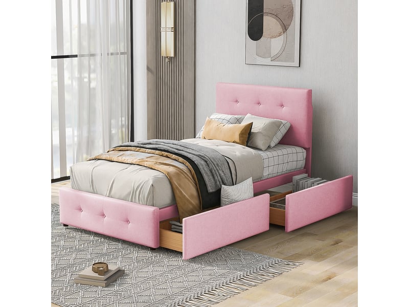  Lit simple 90x200 cm, velours rose, dossier ajustable, deux tiroirs et cadre intérieur stable  - Conforama D