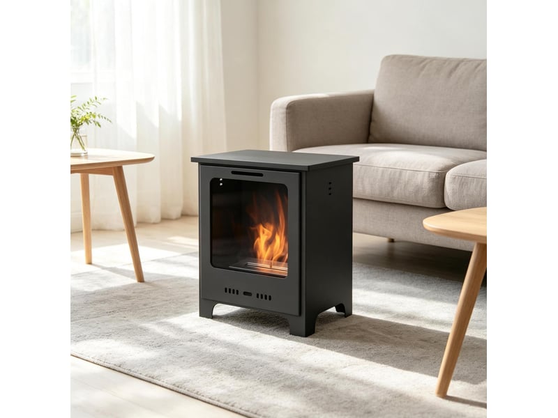  Cheminée au bioéthanol 40x30x50 cm noire en métal, sur pied avec brûleur inox 0,9 l, chauffe 20 à 25 m²  - Conforama D