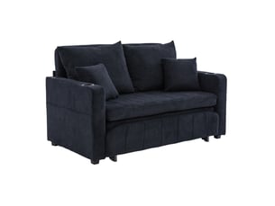 Canapé droit convertible 2 places en tissu noir avec usb, porte-gobelets et poches de rangement pratiques