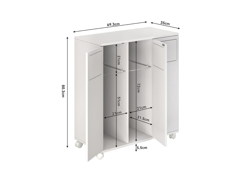  Meuble de tri des déchets 69,3 x 35 x 80,3 cm blanc brillant mdf, 3 portes et roulettes verrouillables  - Conforama C