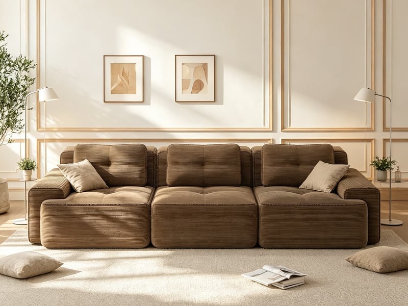 Canapé modulable 3 places effet nuage, assise profonde en velours côtelé, 69 × 293 × 104 cm, marron  - Conforama B