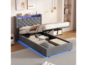 Lit simple 90×200 gris avec led, prise usb, rangement tête de lit et espace de stockage inférieur