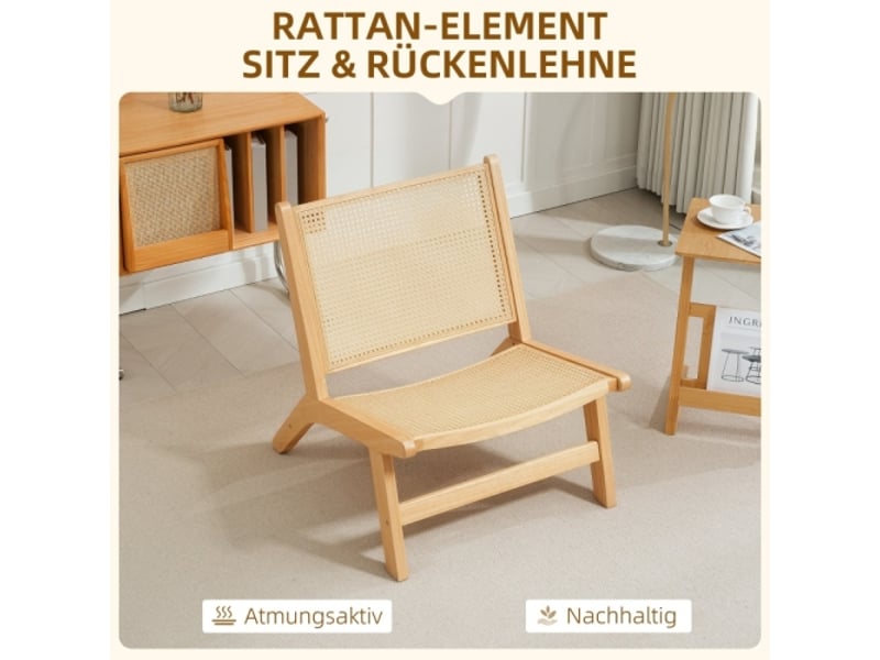  Fauteuil relax sans accoudoirs, dossier en rotin, cadre en bois, fauteuil lecture, bois naturel  - Conforama D
