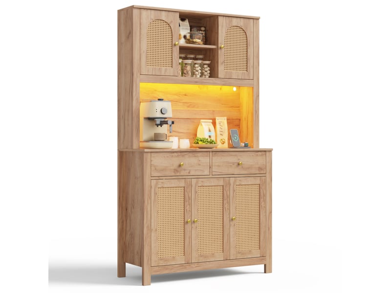  Buffet haut avec led et prises, 5 portes en rotin, 2 tiroirs, 100 x 40 x 180 cm evryae  - Conforama A
