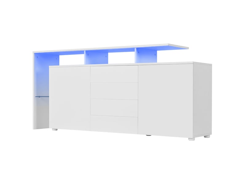  Meuble tv 160x35x70 cm blanc brillant, panneaux de particules et verre, avec led et 4 tiroirs  - Conforama D