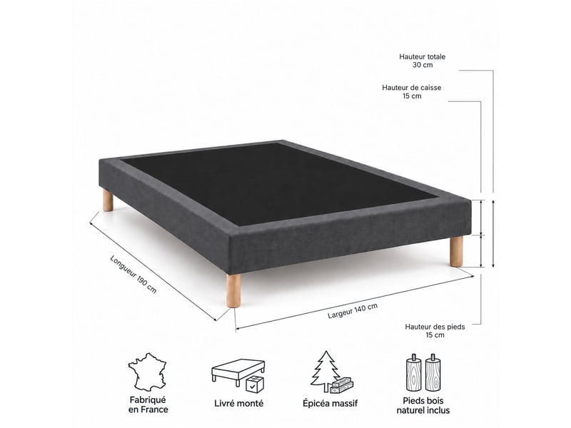  Sommier tapissier déco 140x190 cm gris - hauteur 30 cm - pieds inclus  - Conforama E