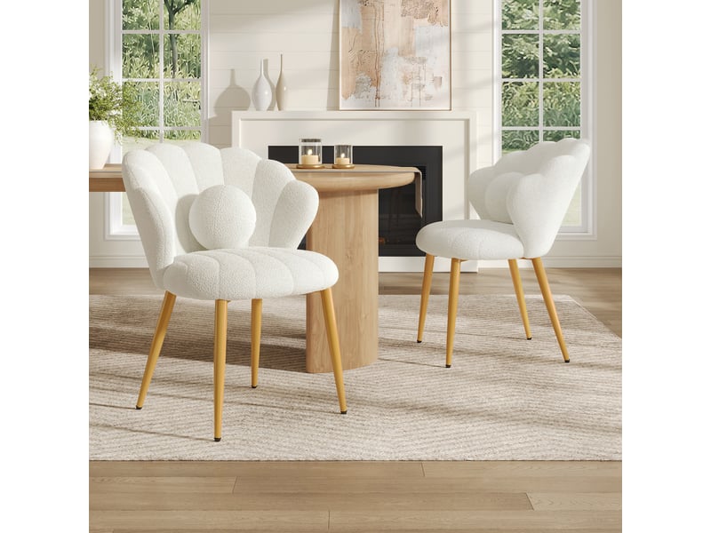  Lot de 2 fauteuils 60x62.5x83 cm tissu bouclé assise rembourrée dossier coquillage pieds en métal moderne blanc OPULERANE TRADING LTD - Conforama B
