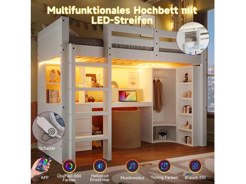 Lit mezzanine enfant 90x200 cm, led, armoire, bureau, tiroirs et compartiments de rangement, pin blanc, sans matelas - Conforama E