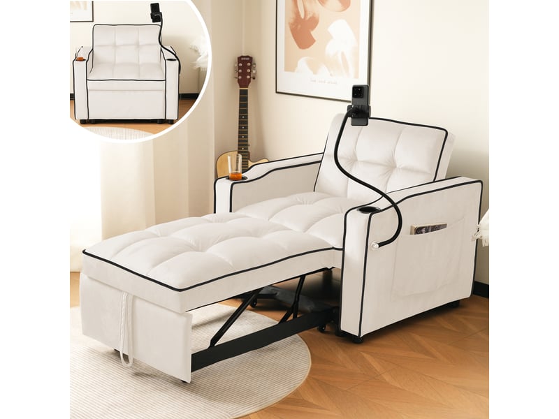  Fauteuil convertible 3 en 1, canapé lit 1 place beige en velours avec dossier réglable, porte-gobelets et support téléphone, 83x167x76cm.  - Conforama C