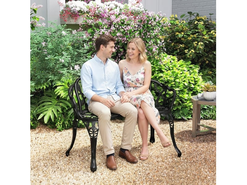 Banc de jardin 2 places 99x57x78 cm – noir – aluminium moulé, dossier tulipes et pieds réglables - Conforama D