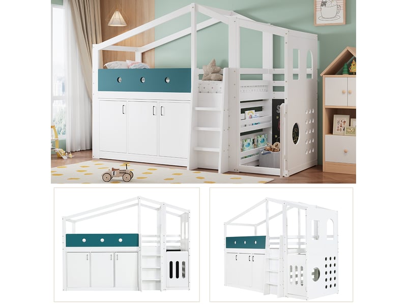  Lit mi-hauteur enfant 90 x 200 cm en forme de maison, espace jeu, armoire de rangement, échelle evarich - Conforama D