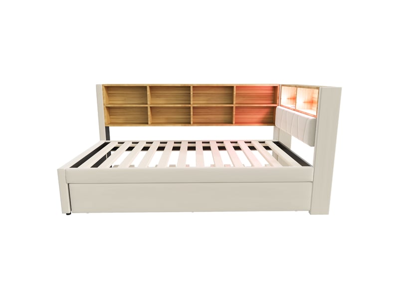 Lit banquette gigogne 90x200 cm en flanelle beige, led, prises et rangements, couchage 90x190 cm - Conforama A