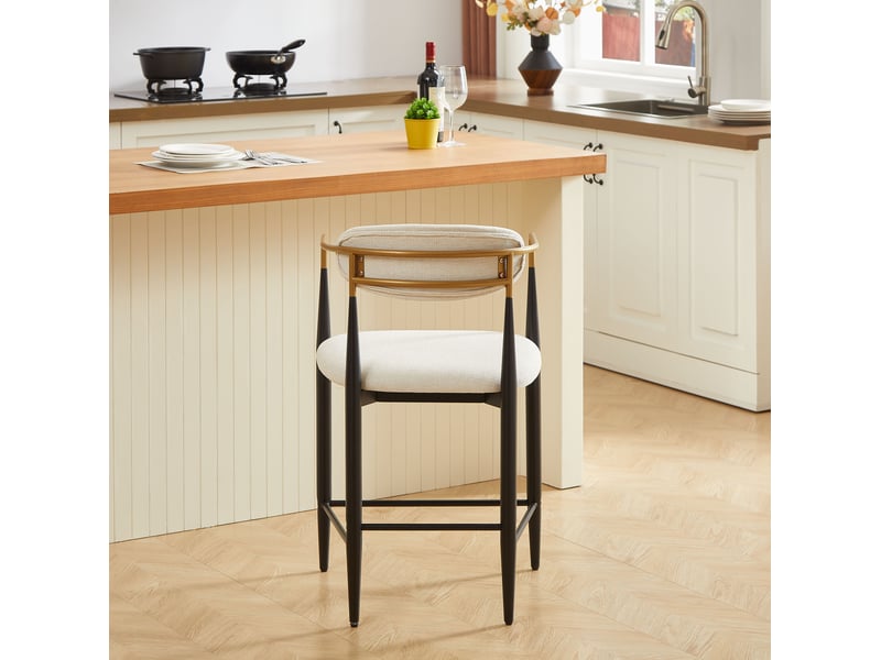  Tabourets de bar 59x55x94 cm lot de 2, accoudoirs, chaise haute style français moderne, métal, tissu, beige et noir  - Conforama D