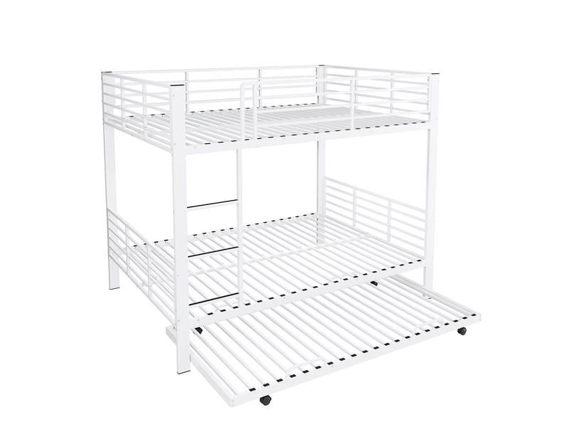  Lit superposé 140 × 200 cm trois places avec lit gigogne coulissant et barrière haute en métal blanc mat pour chambre  - Conforama A