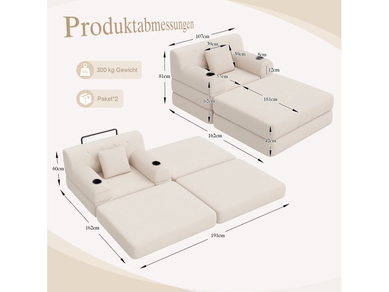  Fauteuil-lit modenvie 1 place convertible en velours côtelé beige 107 x 162 x 81 cm  - Conforama C