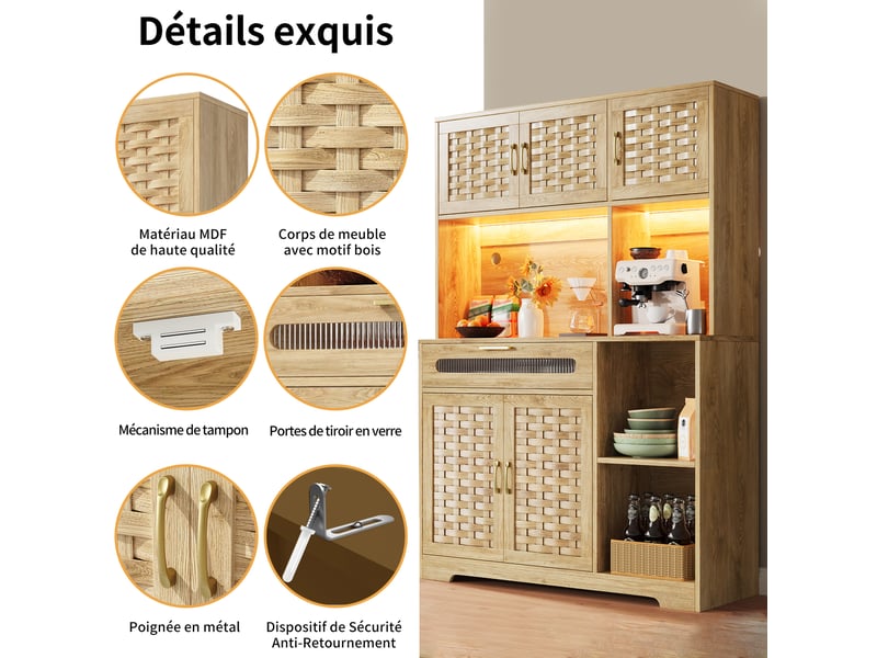  Buffet cuisine 5 portes et 1 tiroir, 120 x 40 x 180 cm, éclairage led, étagères réglables et dispositif anti-basculement, mdf, couleur bois Morn Vibe - Conforama E