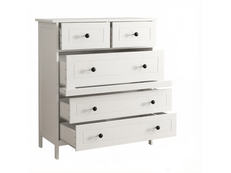  Commode 74x40x91 cm, 5 tiroirs, en mdf, blanc, poignées rondes noires, pieds de 10 cm  - Conforama A