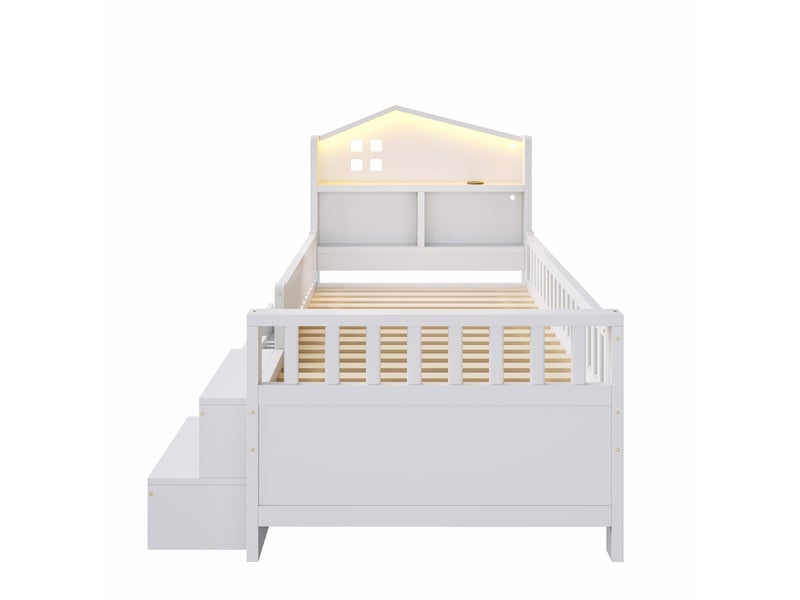  Lit enfant 90x200 cm en bois massif blanc avec barrière de sécurité, rangements et led  - Conforama A