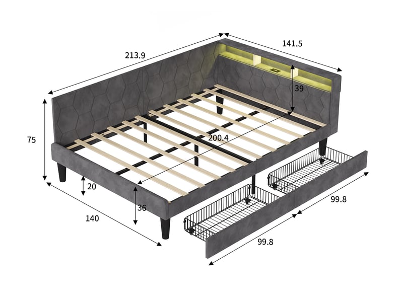  Lit avec 2 tiroirs 140x200, lit double adulte rembourré avec éclairage led et ports usbtype-c, tête de lit avec rangement, velours, moderne, gris  - Conforama E