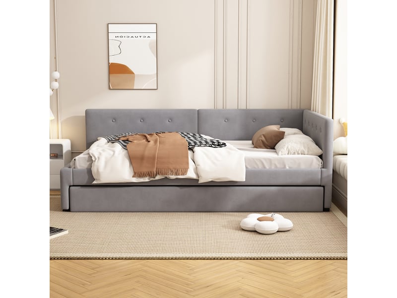 Lit banquette gris 90x200 cm avec lit gigogne, canapé-lit, style minimaliste, convertible - Conforama B