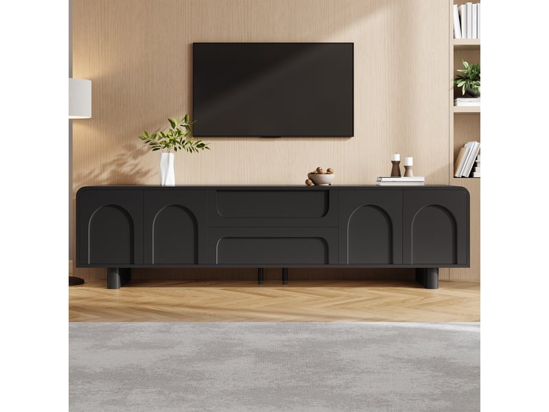  Meuble tv noir 180 cm avec rangements 4 portes 2 tiroirs design minimaliste bords arrondis  - Conforama B