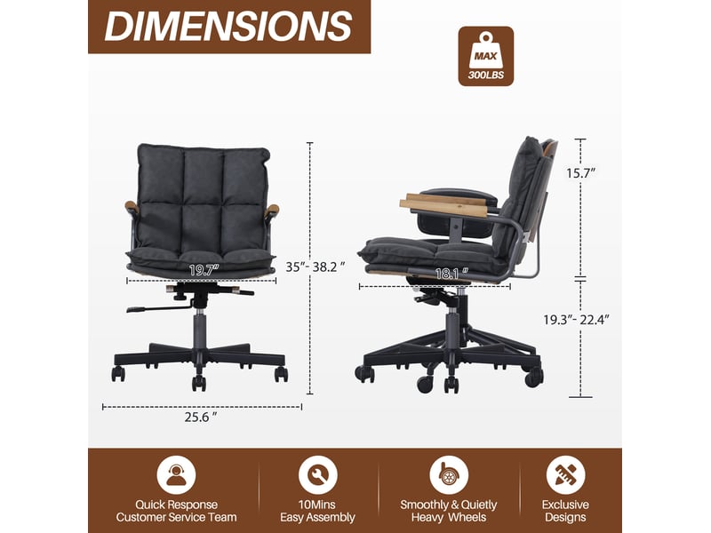  Chaise de bureau ergonomique à roulettes, réglable et pivotante à 360 degrés, accoudoirs en bois, en similicuir noir  - Conforama C